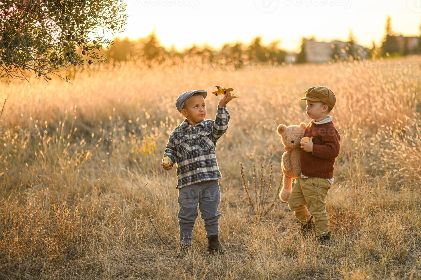 Dressed in retro clothing, two boys enjoy a sunset adventure in the field with a toy plane, an apple, and a stuffed bear. photo