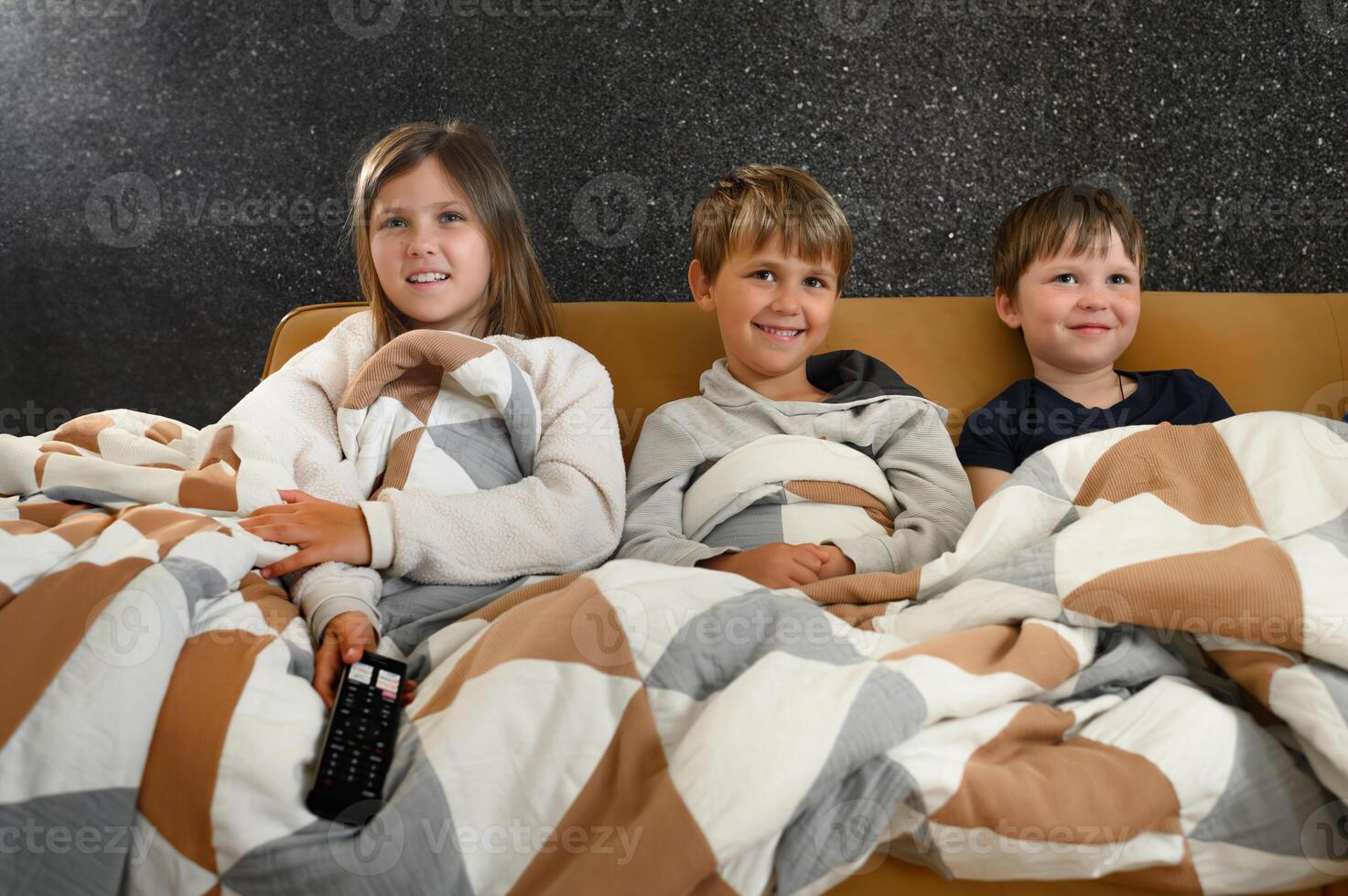 Children relaxed on a couch in front of a glowing screen, their faces animated with happiness and shock as they react to the program. photo