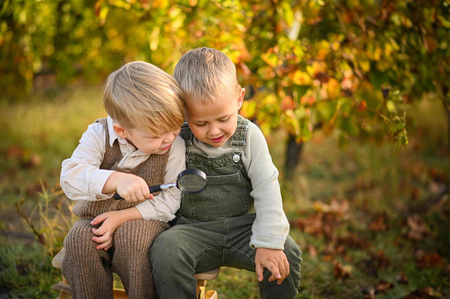 Surrounded by grapevines, a boys holds a magnifying glass and looks closely photo