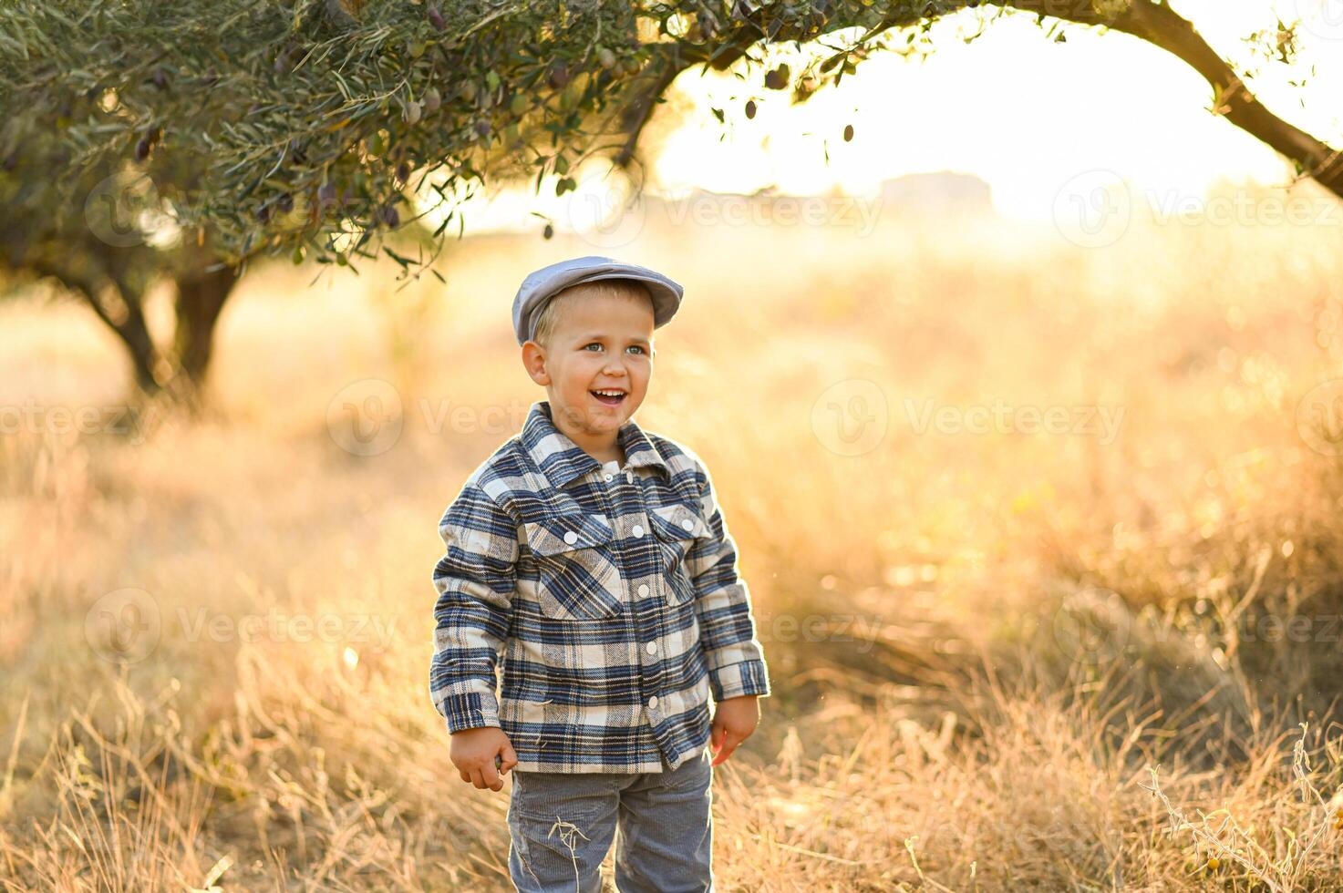 Dressed in old-fashioned clothes, the boy stands still among the tall golden grass, smiling and laughing in the warm light. photo