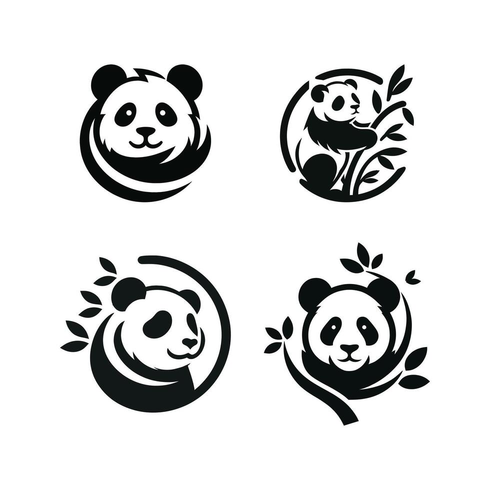 four panda bear logos with leaves and branches vector