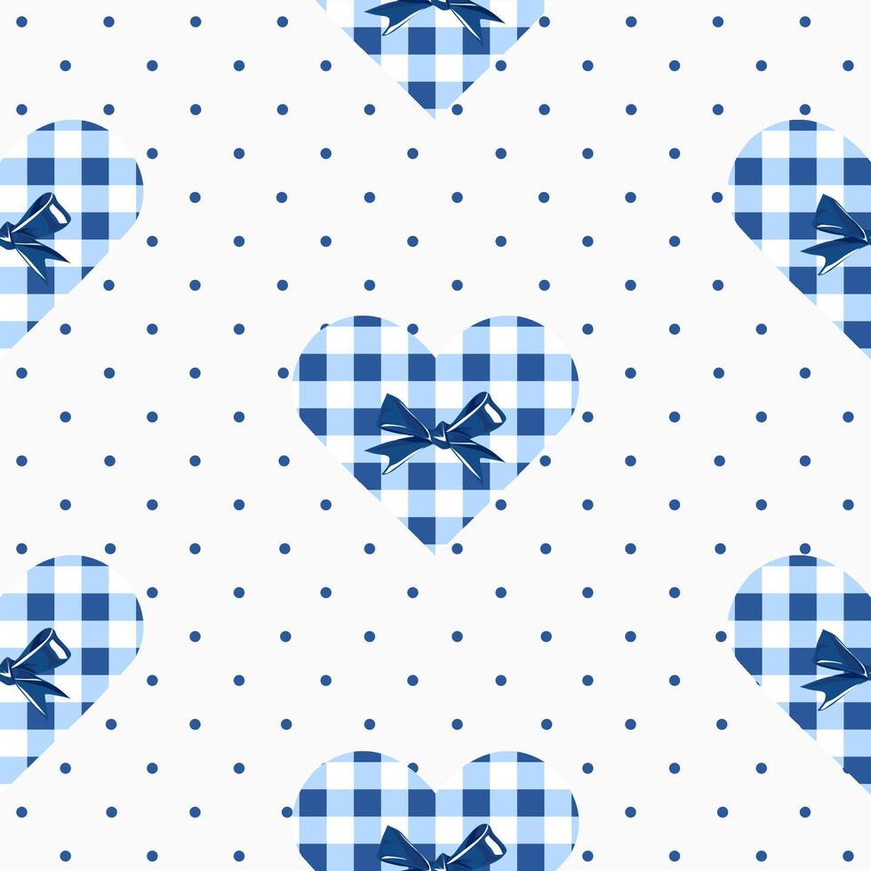 Blue Gingham Heart and Bow Seamless Pattern Cute Polka Dot Background vector