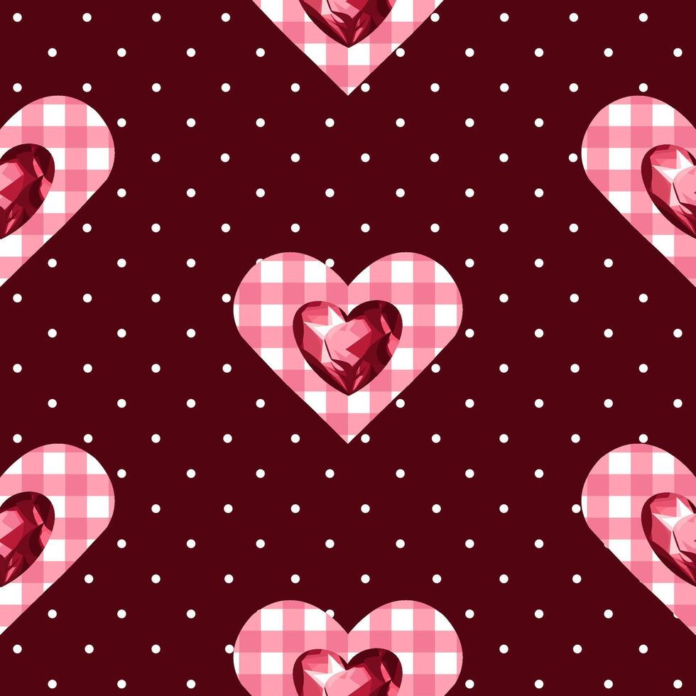 Seamless Romantic Heart Pattern Pink Gingham and Crystal Hearts on Maroon with White Polkadots and maroon background vector