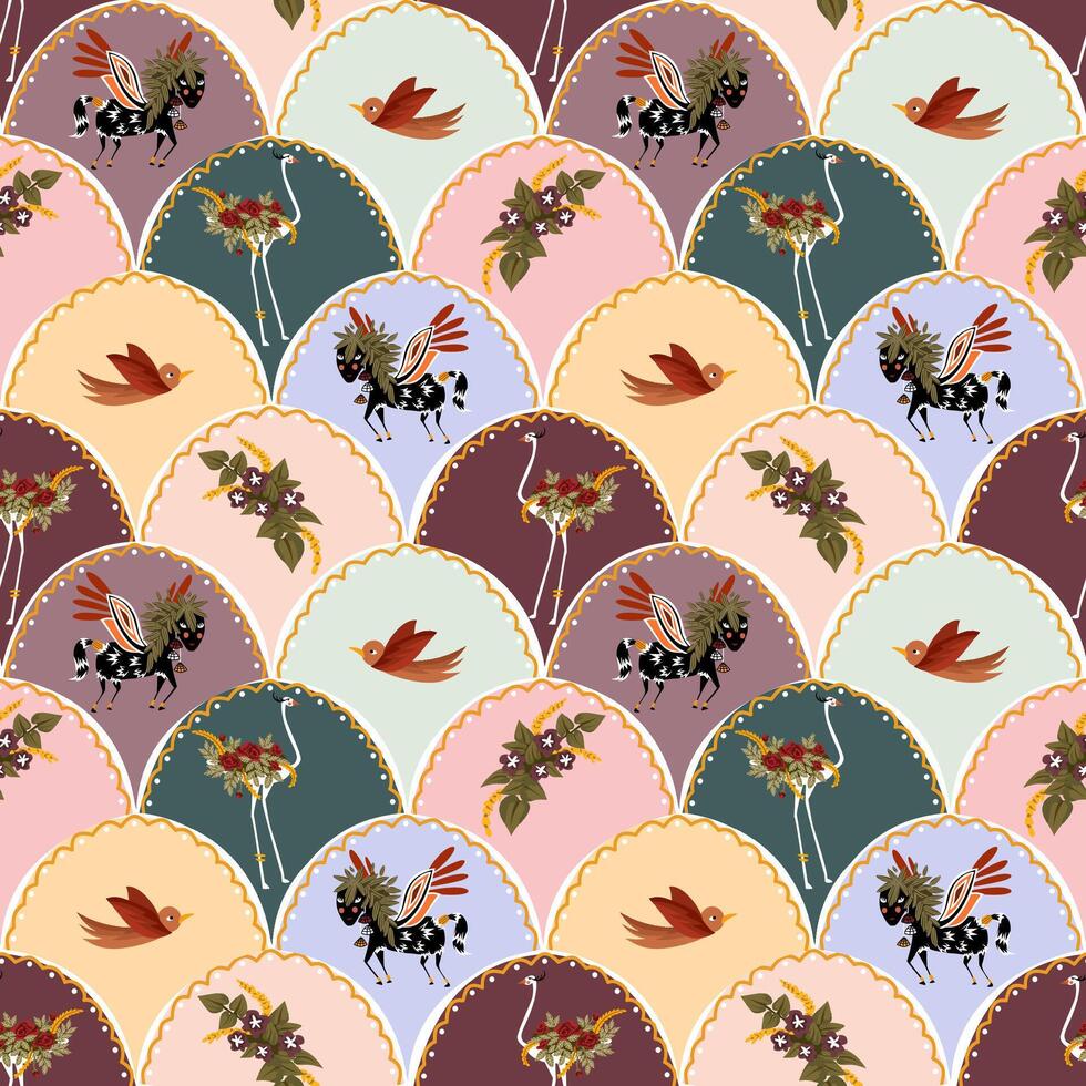 Whimsical Pastel Seamless Pattern Flying Horse, Folk Birds and Vintage Florals in Patchwork Style vector