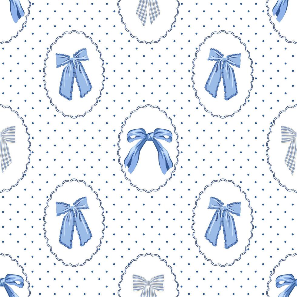 Seamless Blue Bow Pattern with Scallop Frames and Polkadot Background vector
