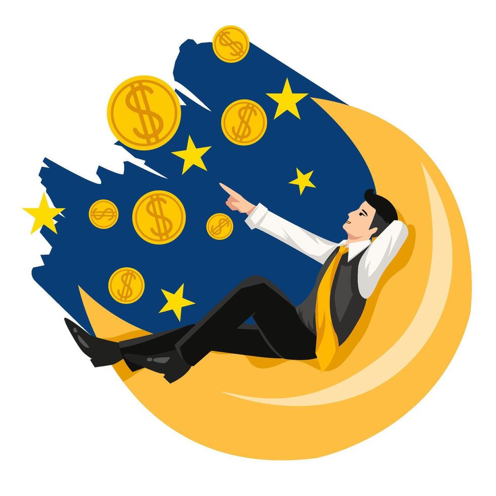 illustration graphic of businessman on crescent moon pointing at money star. fit for business motivation, financial services marketing, motivational prints, web and social media, entrepreneur vector