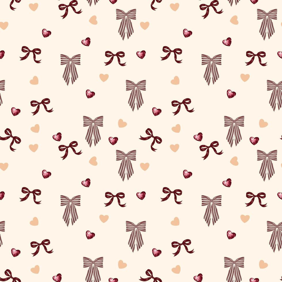 seamless pattern with Vintage red Ribbon Bow and Gemstone Heart in beige vector