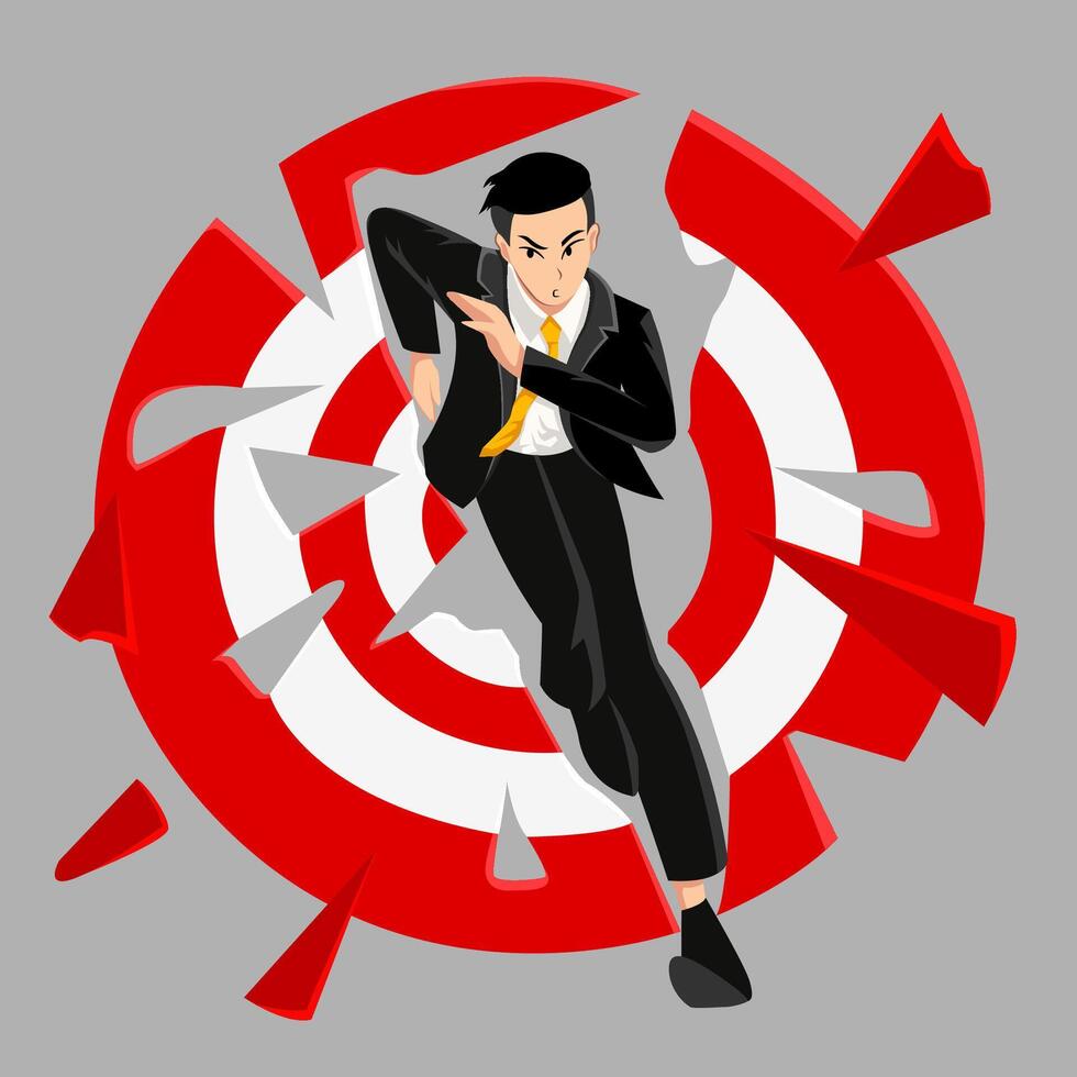 Illustration graphic of a running businessman breaking through the arrow board. fit for business and finance presentations, motivational materials, workshops and training vector