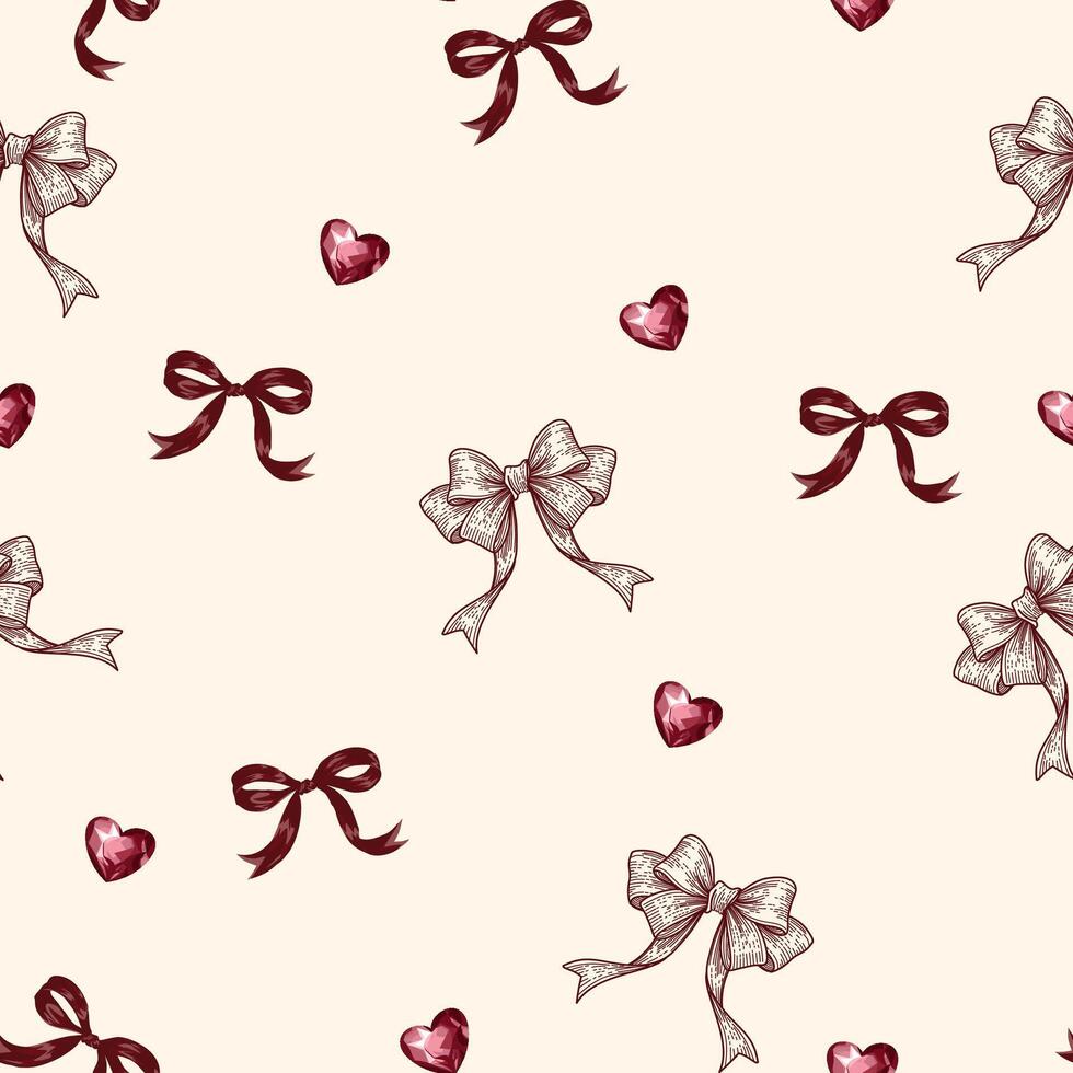 seamless pattern with Vintage ruby red Ribbon Bow and Gemstone Heart in beige vector