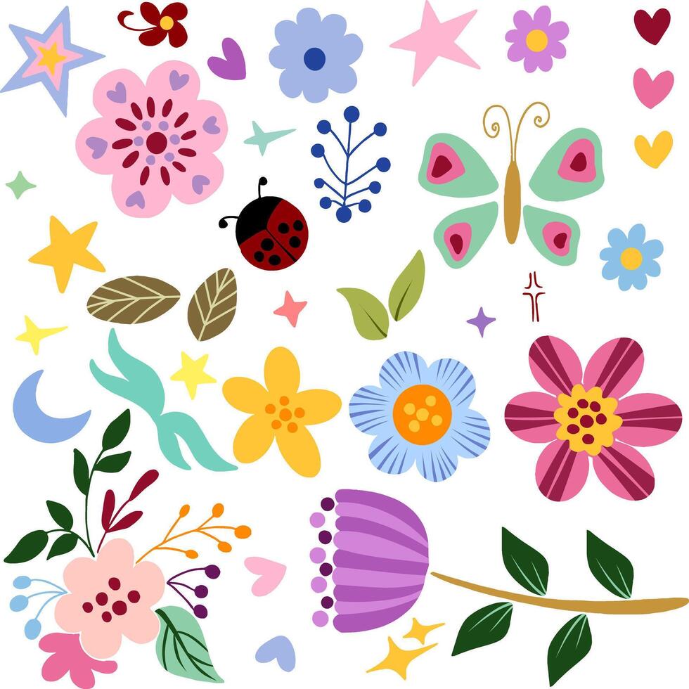 Cute Doodle Spring Floral Design Elements Flowers Butterfly And Decorative Illustrations vector