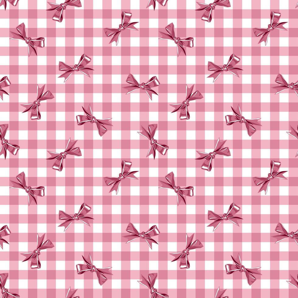 Pink Gingham Seamless Pattern with Satin Ribbon Bows Cute and Classic vector