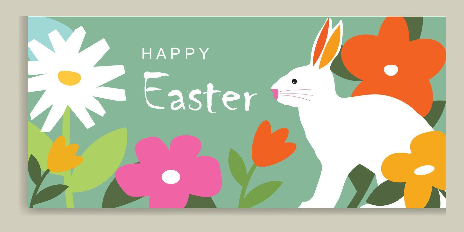 Happy Easter banner. Trendy Easter design with typography, hand painted flowers, eggs, chick and bunny in pastel colors. Modern minimal style. Horizontal poster, for web website vector