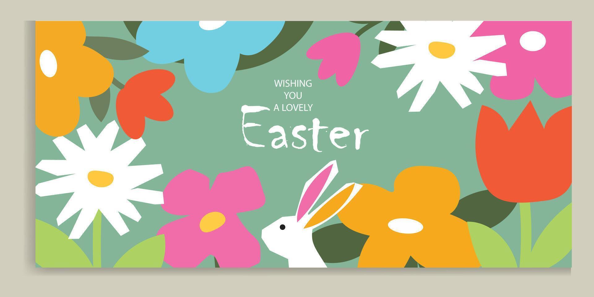Happy Easter banner. Trendy Easter design with typography, hand painted pattern with spring flowers, egg, chick and Easter bunny. Modern art style. vector