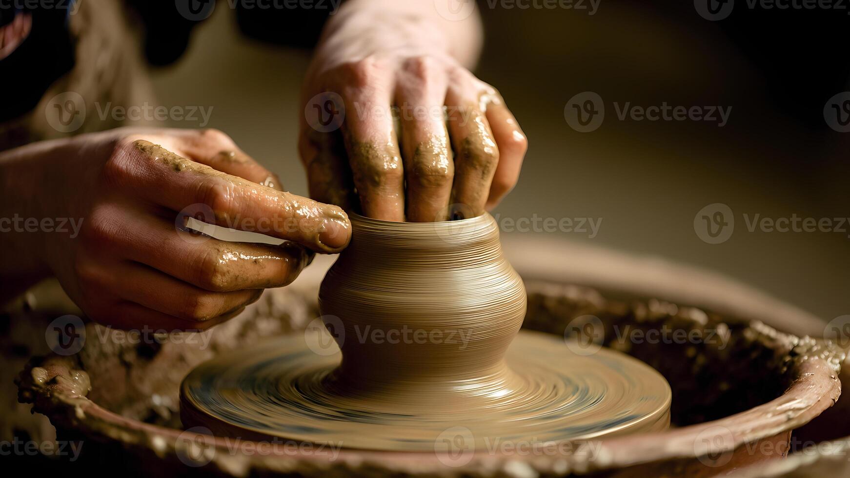 A person is making a pottery vase on a potter's wheel photo
