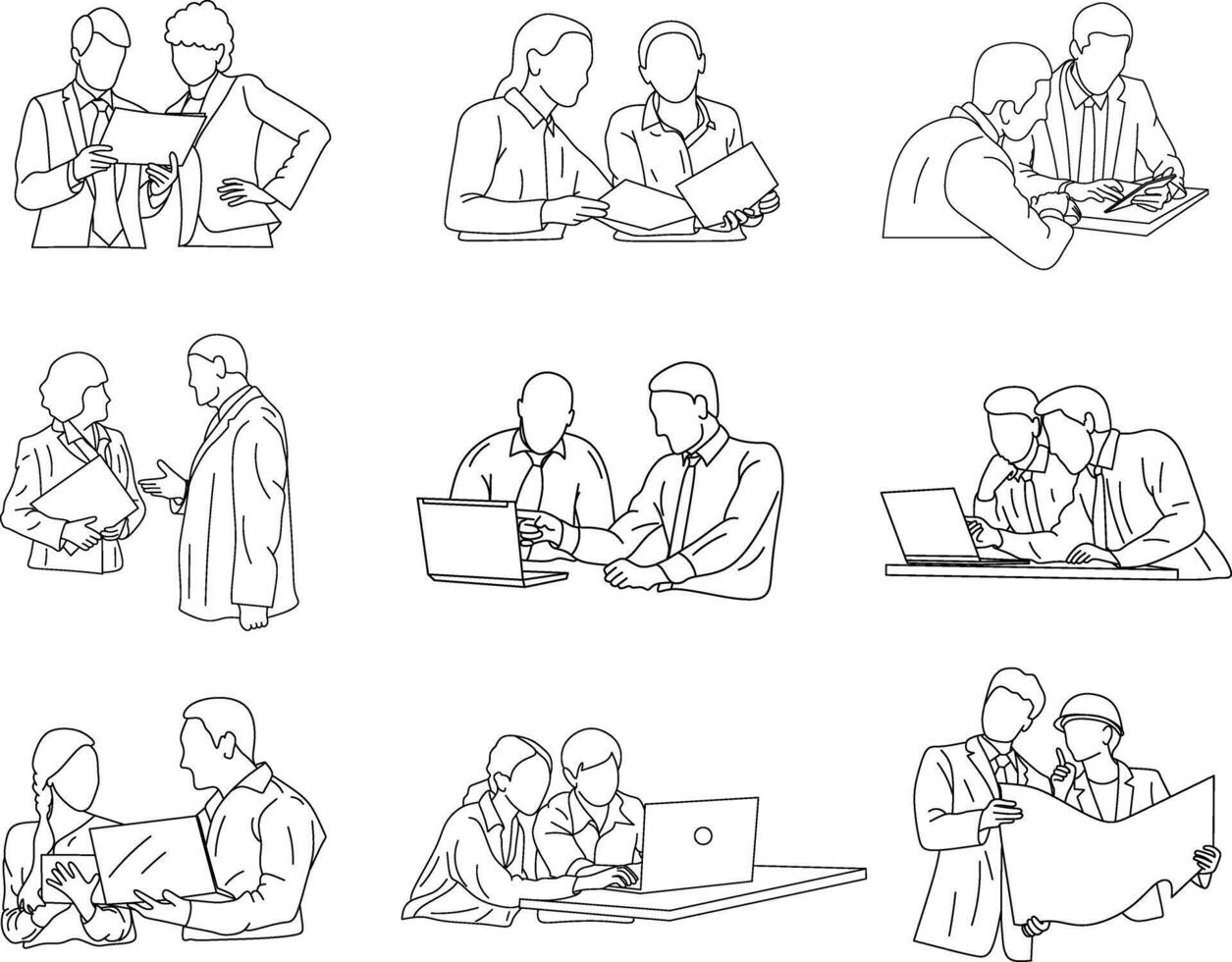 A minimal line-style of faceless office workers engaged in discussion and teamwork. Ideal for business presentations, workplace visuals, and modern professional themes. vector