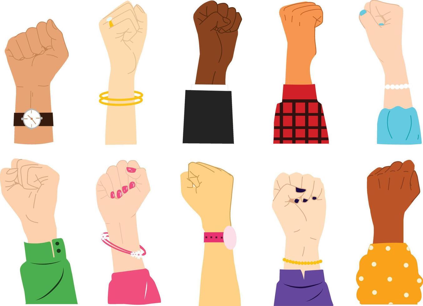 A powerful set of hand closed fist illustrations, featuring various angles, gestures, and skin tones, for concepts of strength, unity, protest, empowerment, and motivational designs. vector