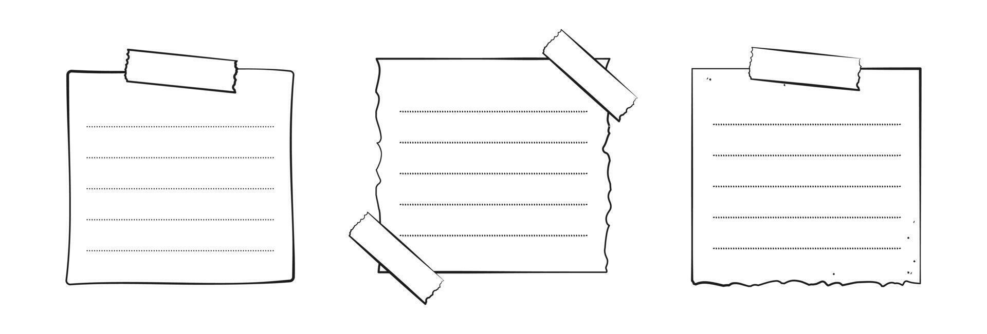 Hand drawn memo paper sheet set, sticky note, reminder, to do list, sticky tape. Bullet journal elements in line art doodle style. vector
