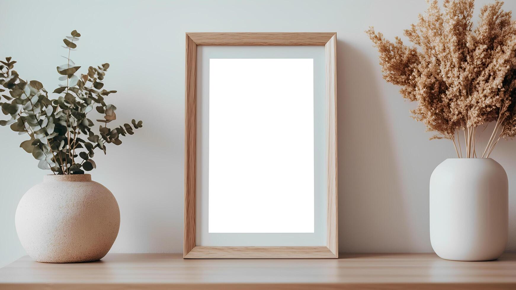 Mock up of a blank frame on a shelf with a vase of dried flowers photo