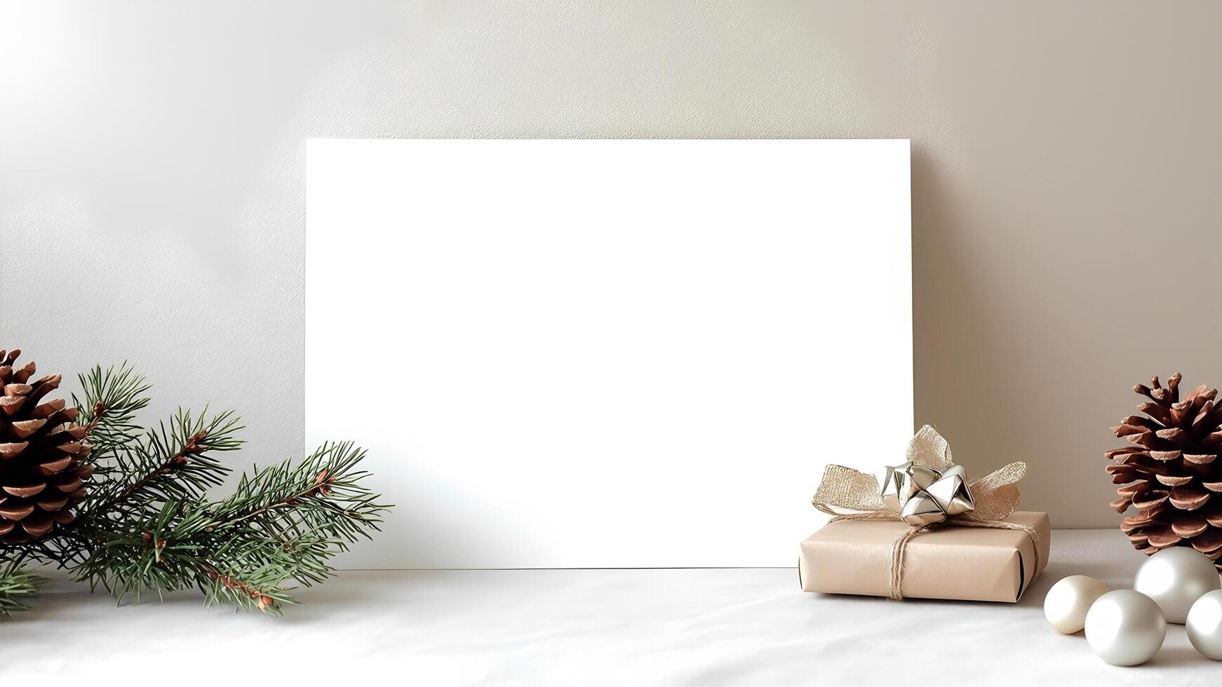 Christmas tree, pine cones and a blank white poster on a table photo