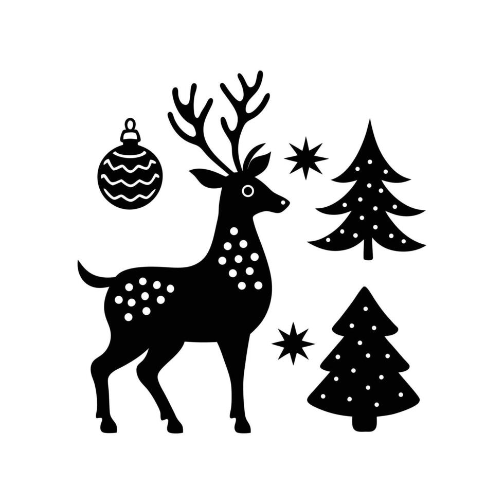 Reindeer and Christmas tree black silhouette set for holiday themes featuring festive deer, pine trees, and winter decorations for seasonal design. vector