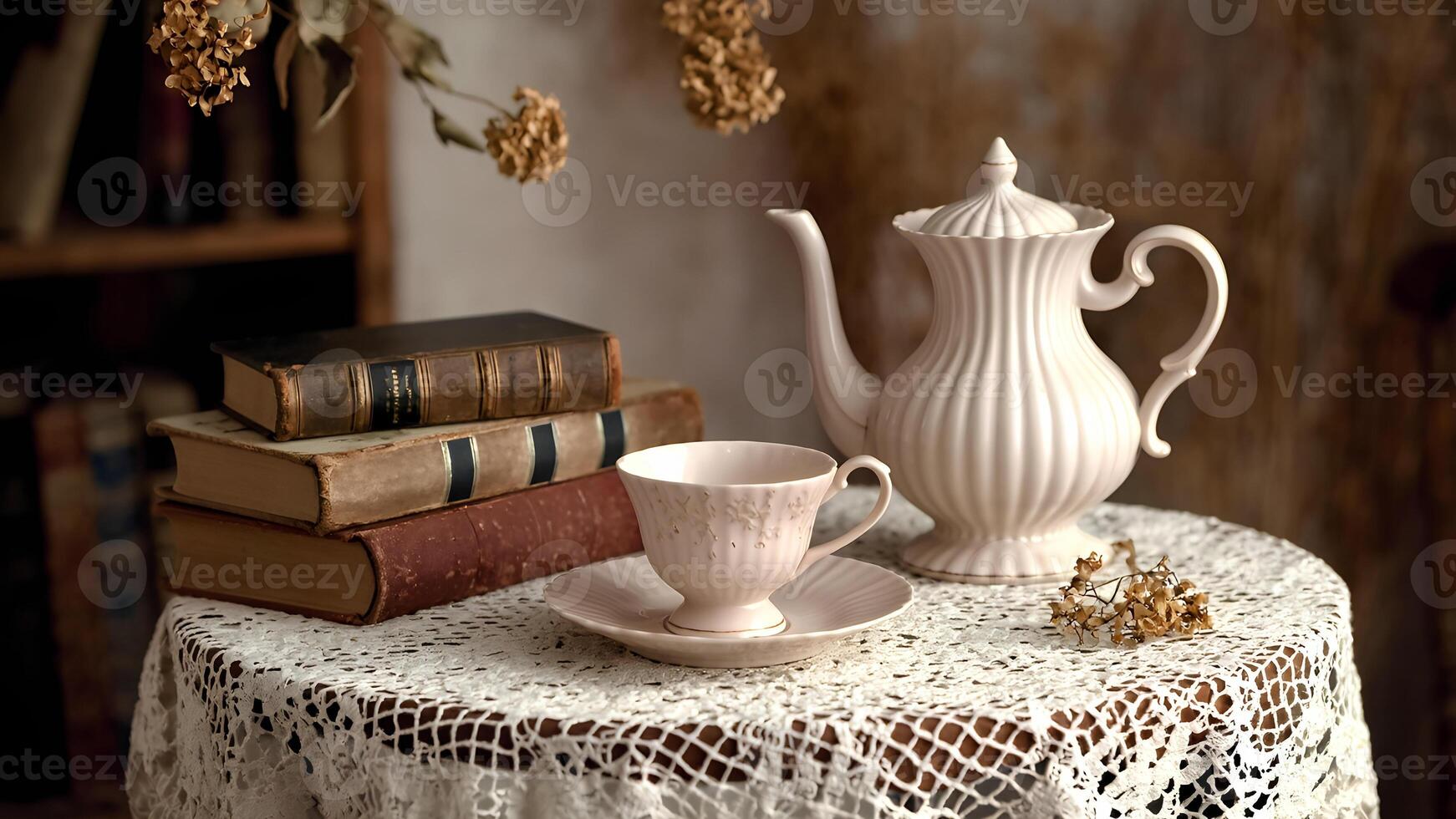 A white tea pot and a cup on a table photo
