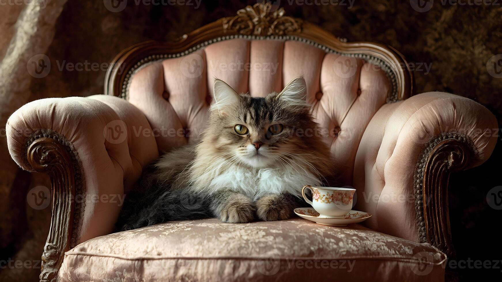 A cat sitting on a chair with a cup photo