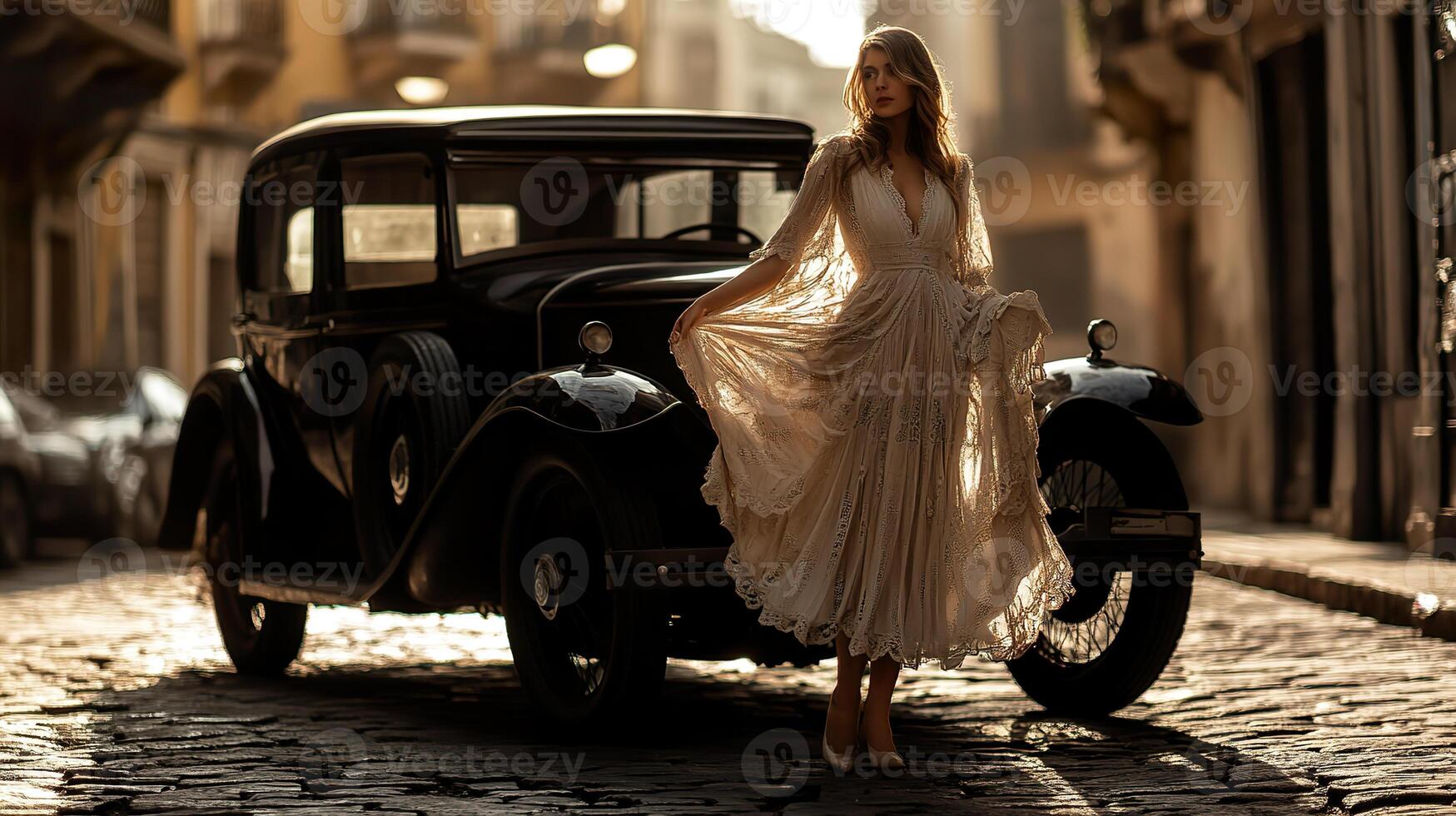 A woman in a white dress standing next to an old car photo