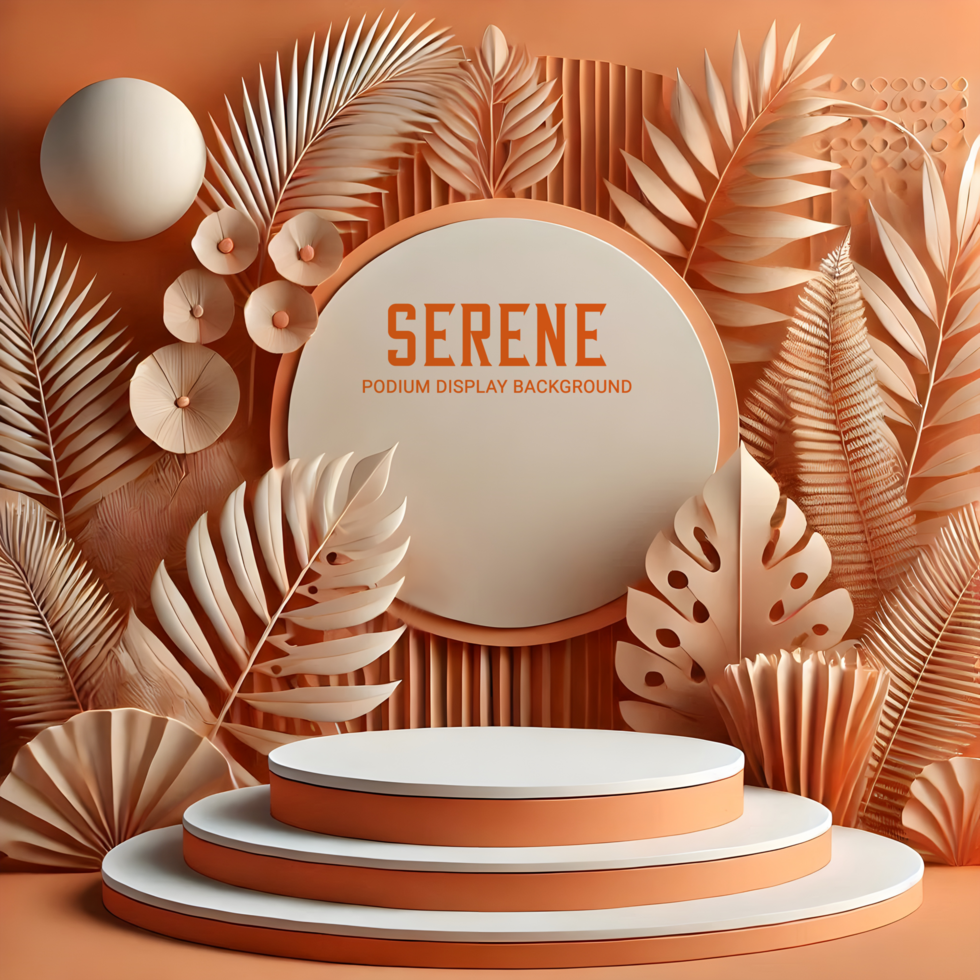 Round podium with serene orange tropical artwork and soft shadows psd
