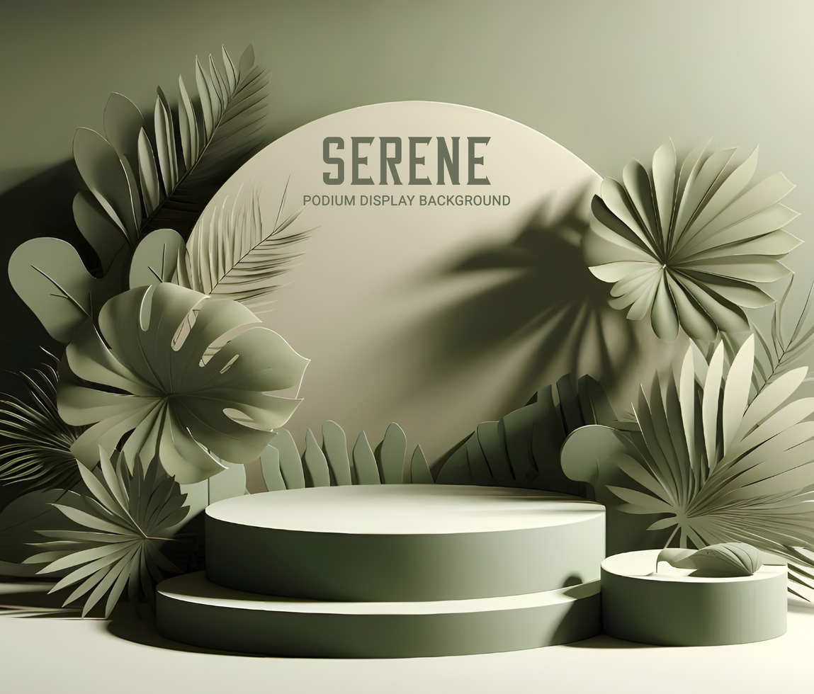 Round podium with serene olive green tropical artwork and soft shadows psd