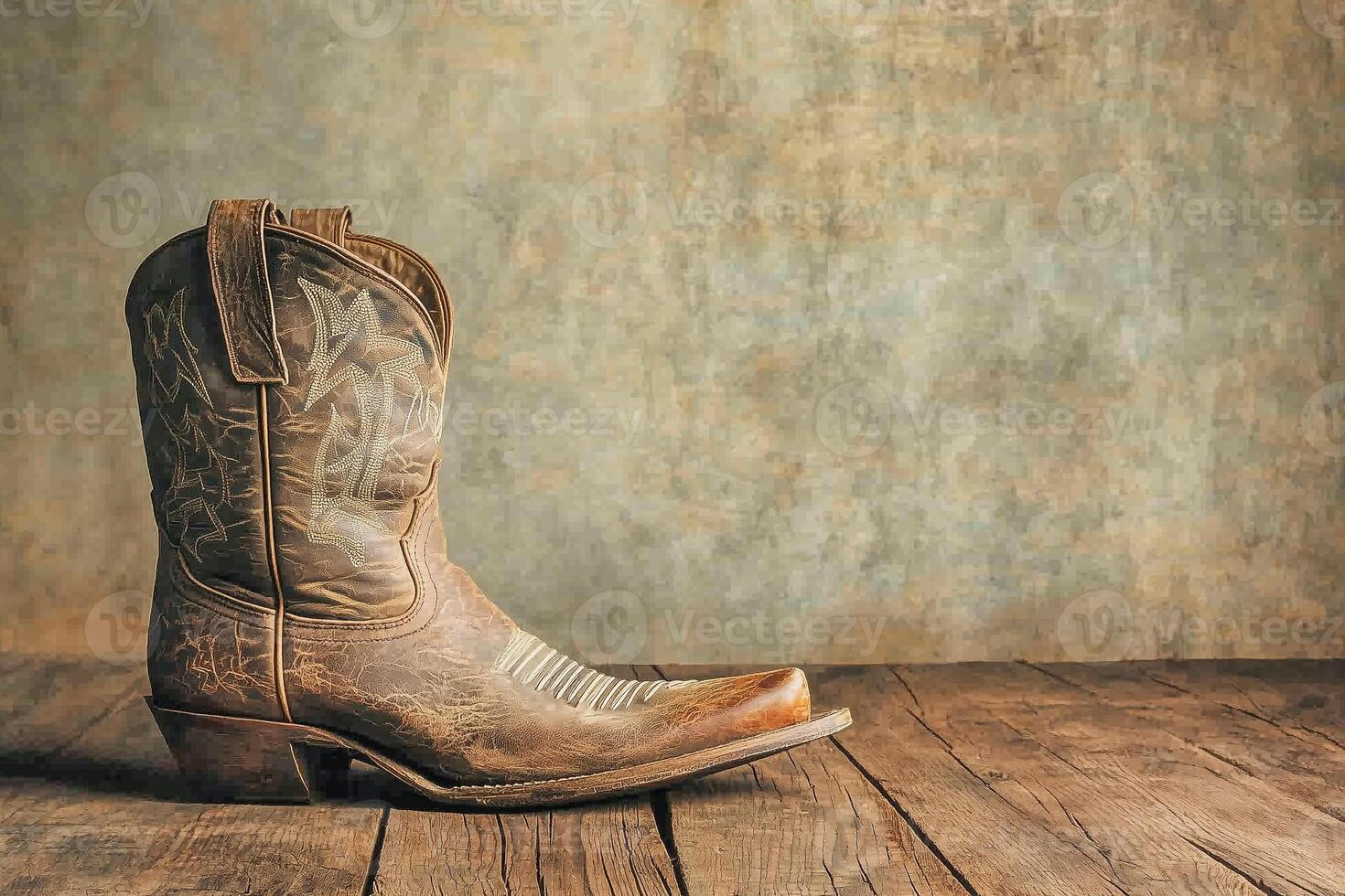 A single worn cowboy boot on a dusty wooden floor, subtle lighting, faded barn wall in the background copy space photo