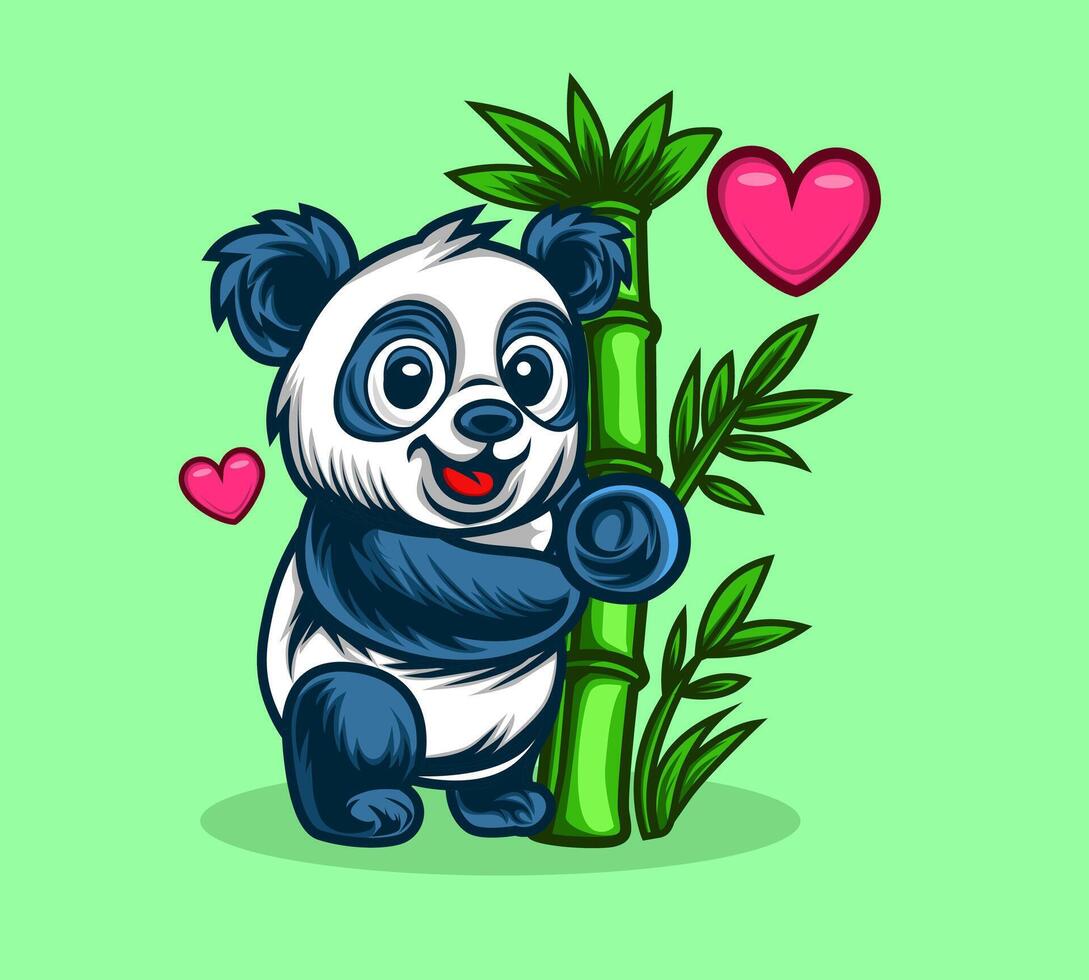 Cute Panda Hugging Bamboo with Hearts vector