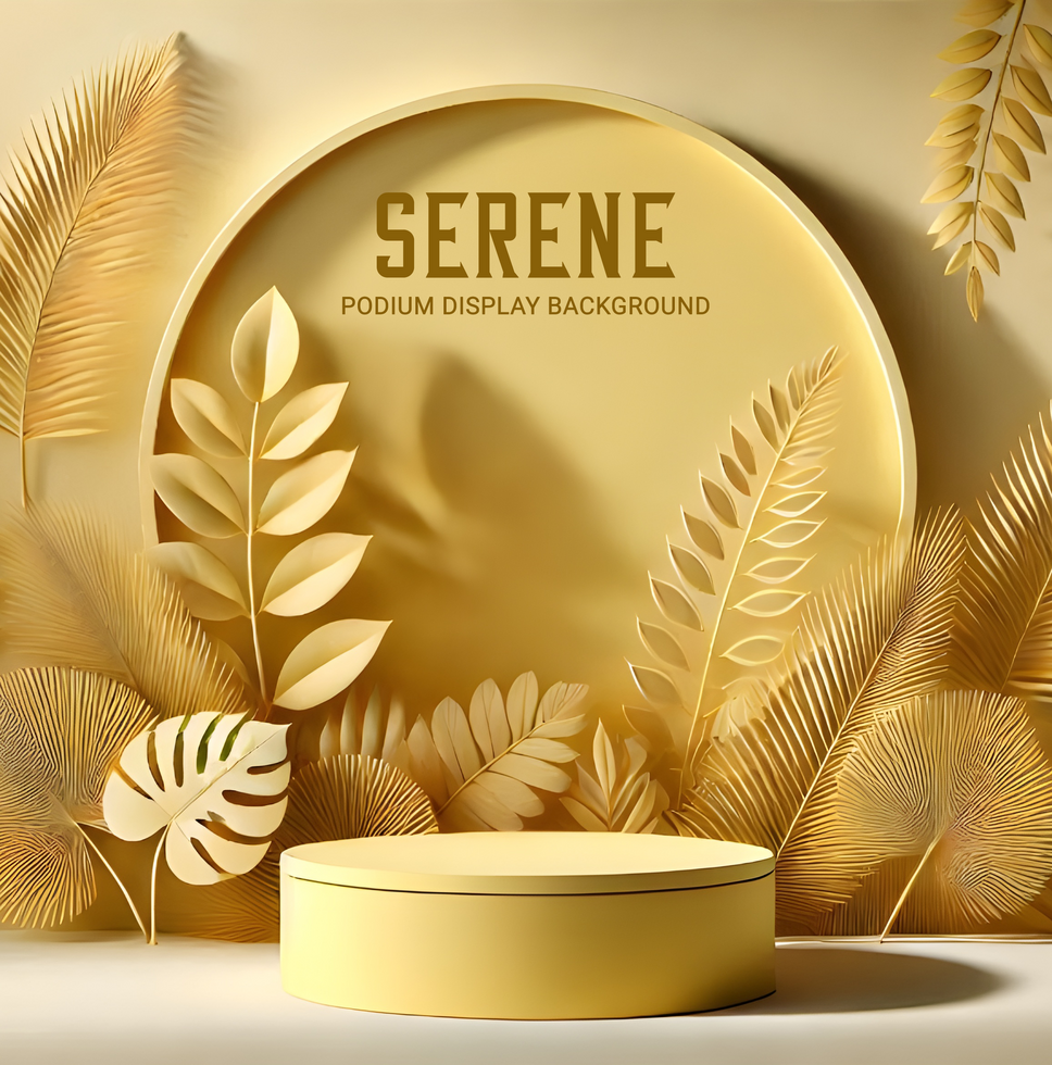 Round podium with serene yellow tropical artwork and soft shadows psd
