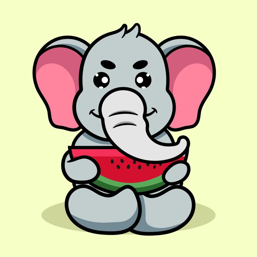 Cute Elephant Eat watermelon Cartoon Illustration. Animal Nature Icon Concept Isolated Flat Cartoon Style for coloring page or education kids vector