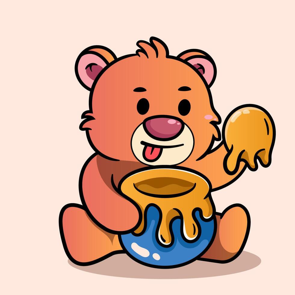 Cute Bear Eat Sweet Honey Cartoon Illustration. Animal Nature Icon Concept Isolated Flat Cartoon Style for coloring page or education kids vector
