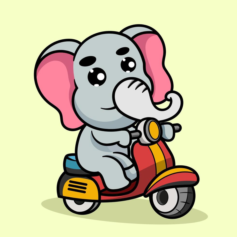 Cute Elephant Riding Scooter motorcycle Cartoon Illustration. Animal Nature Icon Concept Isolated Flat Cartoon Style for coloring page or education kids vector