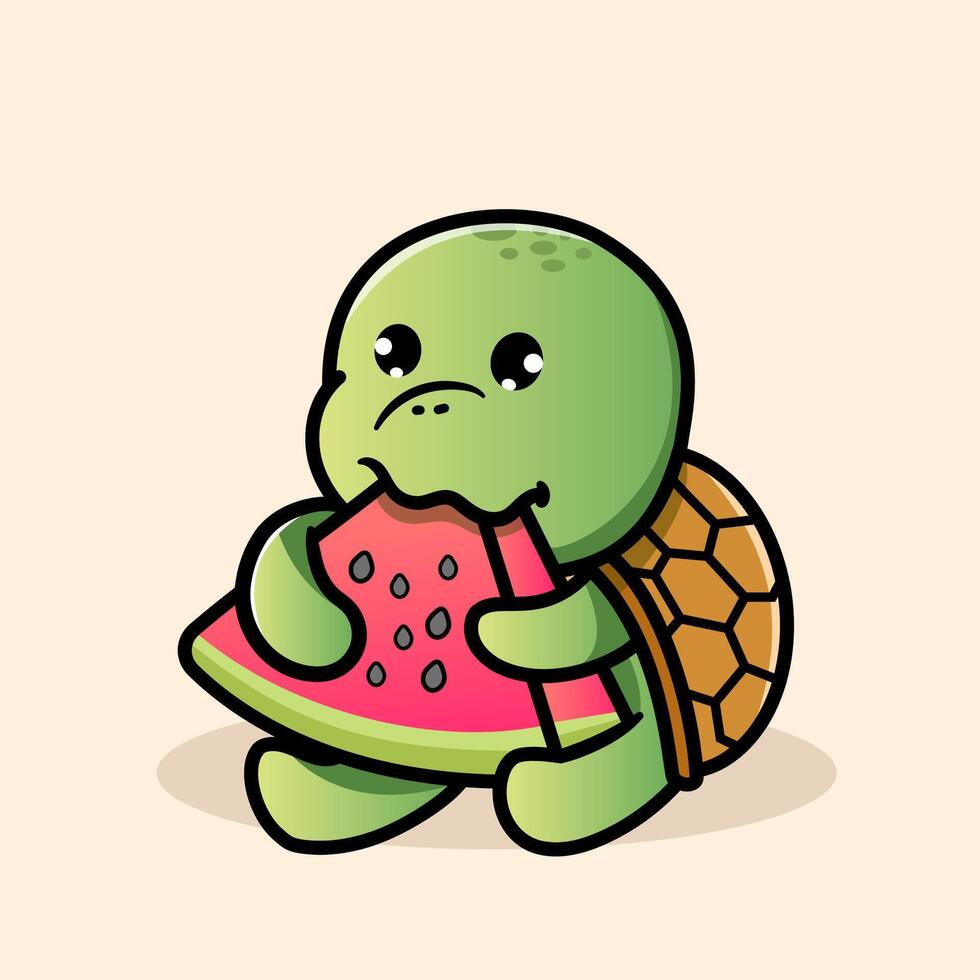 Cute Turtle Eating watermelon Cartoon Illustration. Animal Nature Icon Concept Isolated Flat Cartoon Style for coloring page or education kids vector