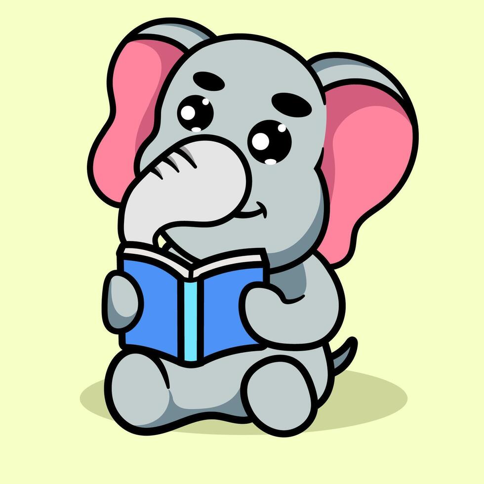 Cute Elephant Reading Book Cartoon Illustration. Animal Nature Icon Concept Isolated Flat Cartoon Style for coloring page or education kids vector