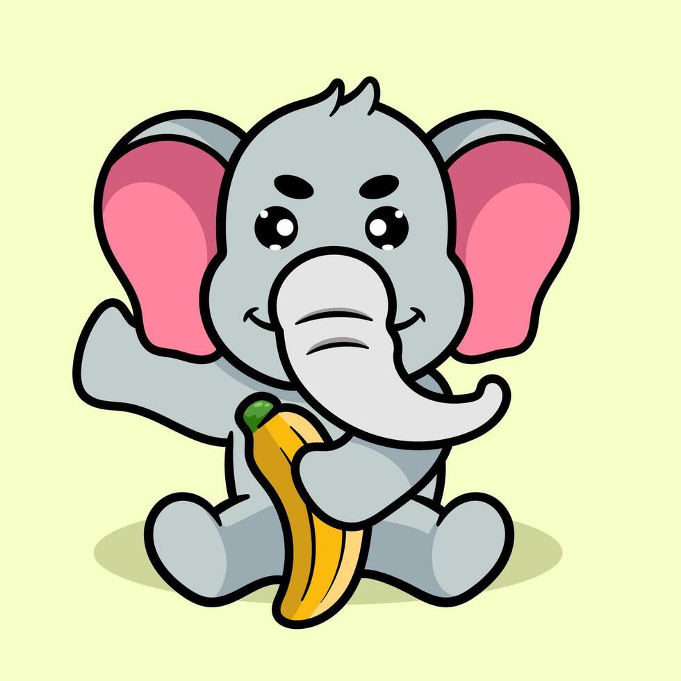 Cute Elephant Eat Banana Cartoon Illustration. Animal Nature Icon Concept Isolated Flat Cartoon Style for coloring page or education kids vector
