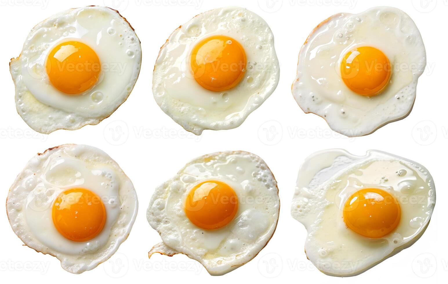 Fried eggs arranged neatly on a white background showcasing golden yolks and crispy edges photo