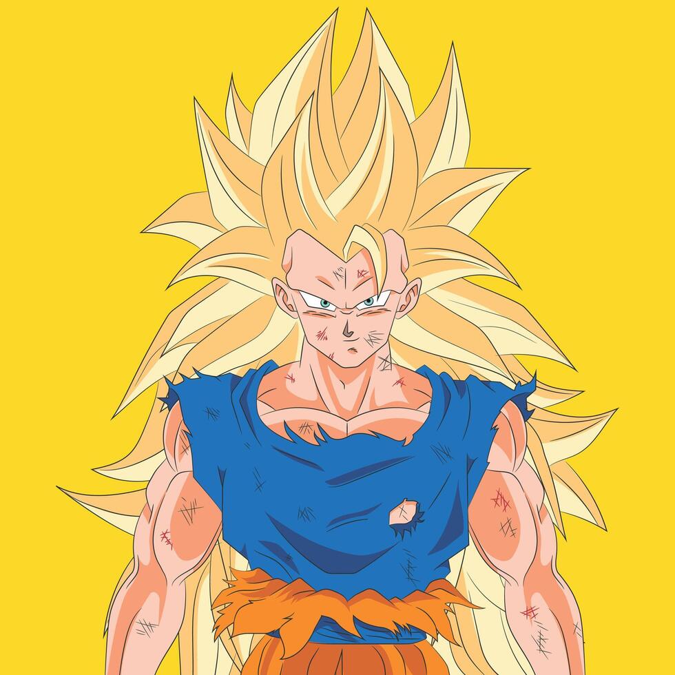 Epic Drawing of Goku SSJ3 with Combat Damage and Torn Outfit vector