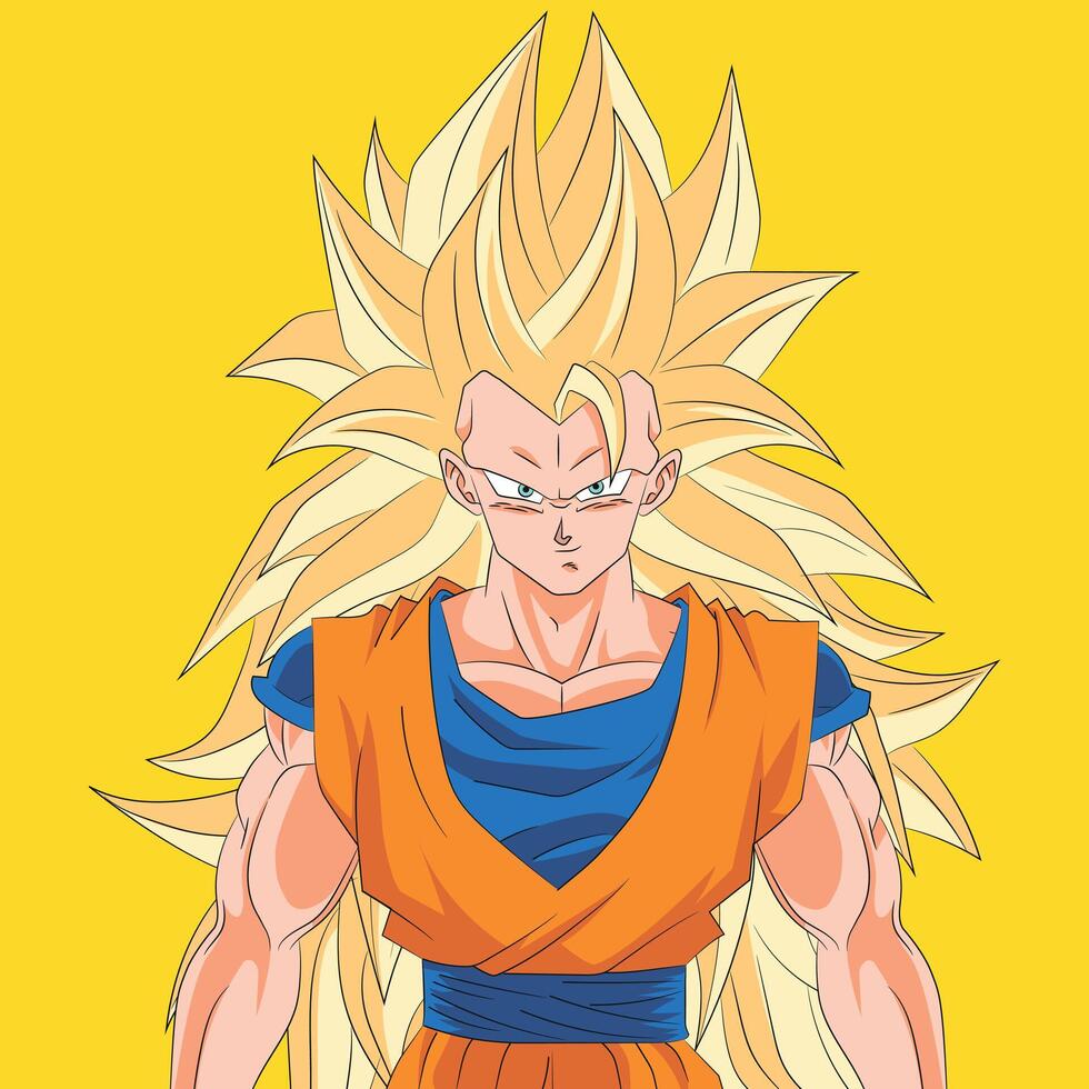 Goku Super Saiyan 3 Transformation with Yellow Background Anime Style vector