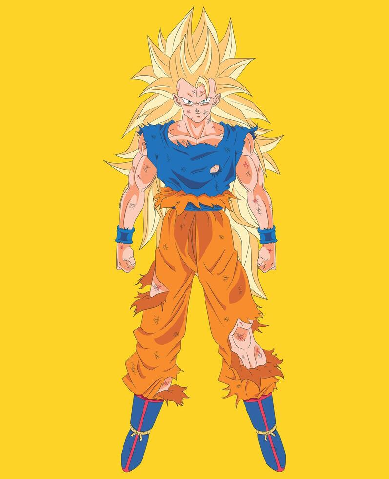 Goku Super Saiyan 3 in Battle Orange and Blue Outfit with Combat Damage vector
