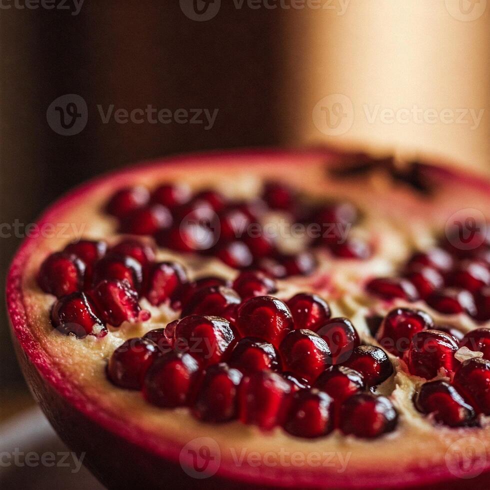 Close-Up of Sliced Pomegranate Showing Red Seeds photo