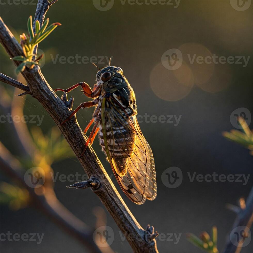 Desert Cicada on Sunlit Ocotillo Branch photo
