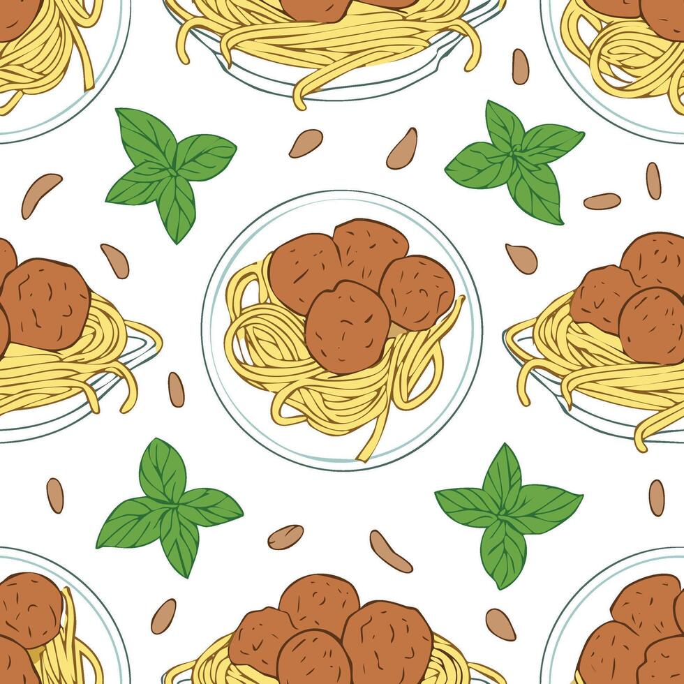 top view of meatballs and spaghetti seamless pattern vector