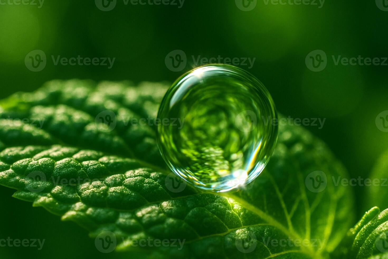 Ultra-Macro of a Water Droplet Resting on a Crinkled Mint Leaf photo
