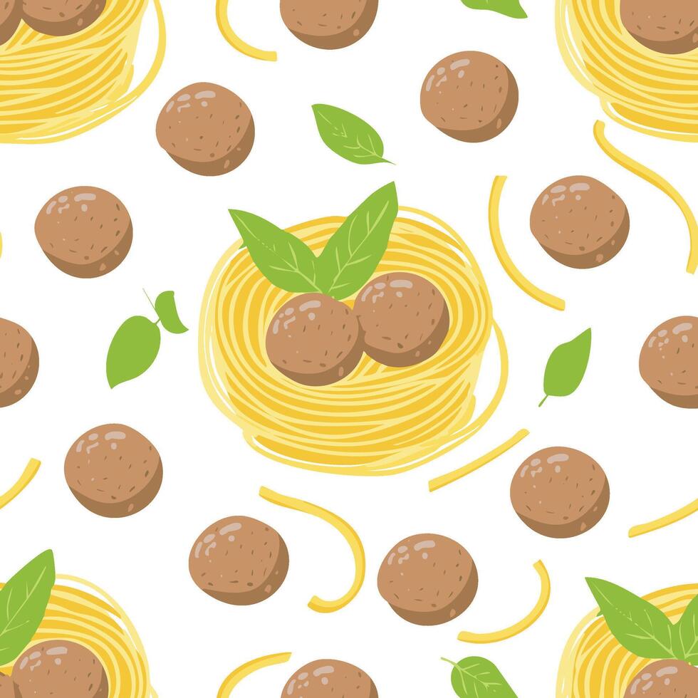 meatballs and spaghetti with mint leaves seamless pattern vector