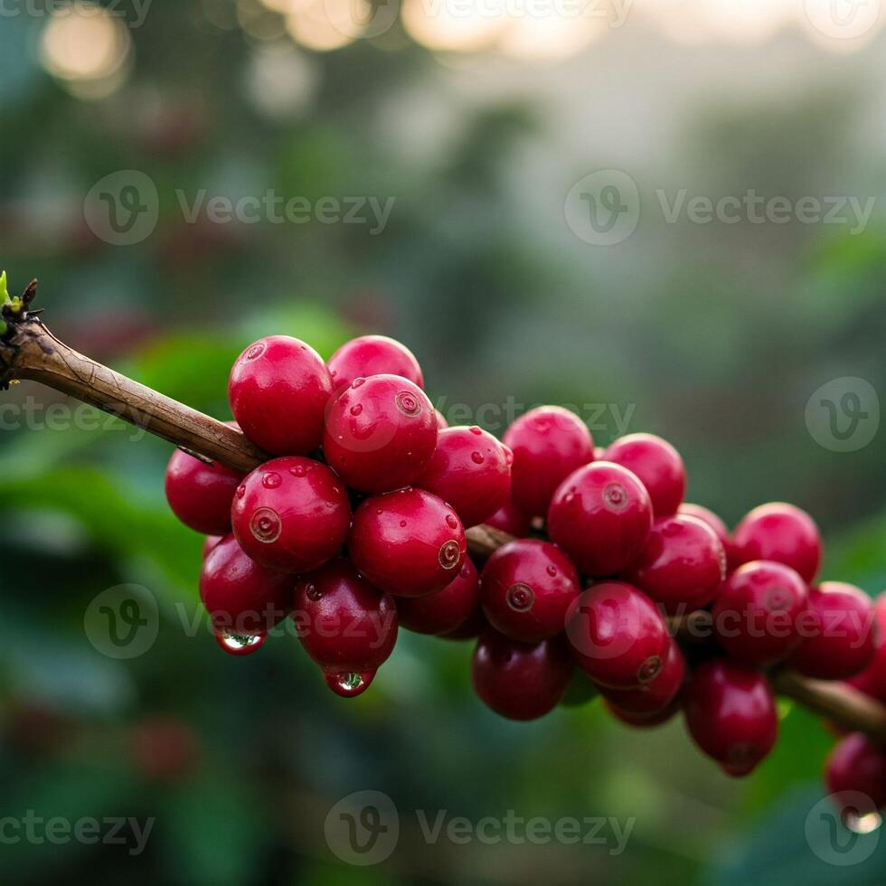 Ripe Red Coffee Cherries on Branch with Morning Dew photo