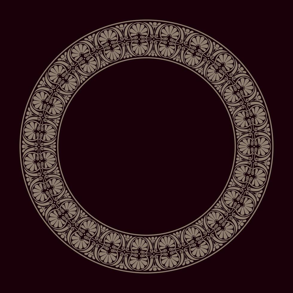 Beautiful Oriental gold round frame arabesque. Gold plate with lace design. Vintage, ethnic frame with arabesques. Pattern frame for round surfaces, textiles, embroidery, porcelain vector