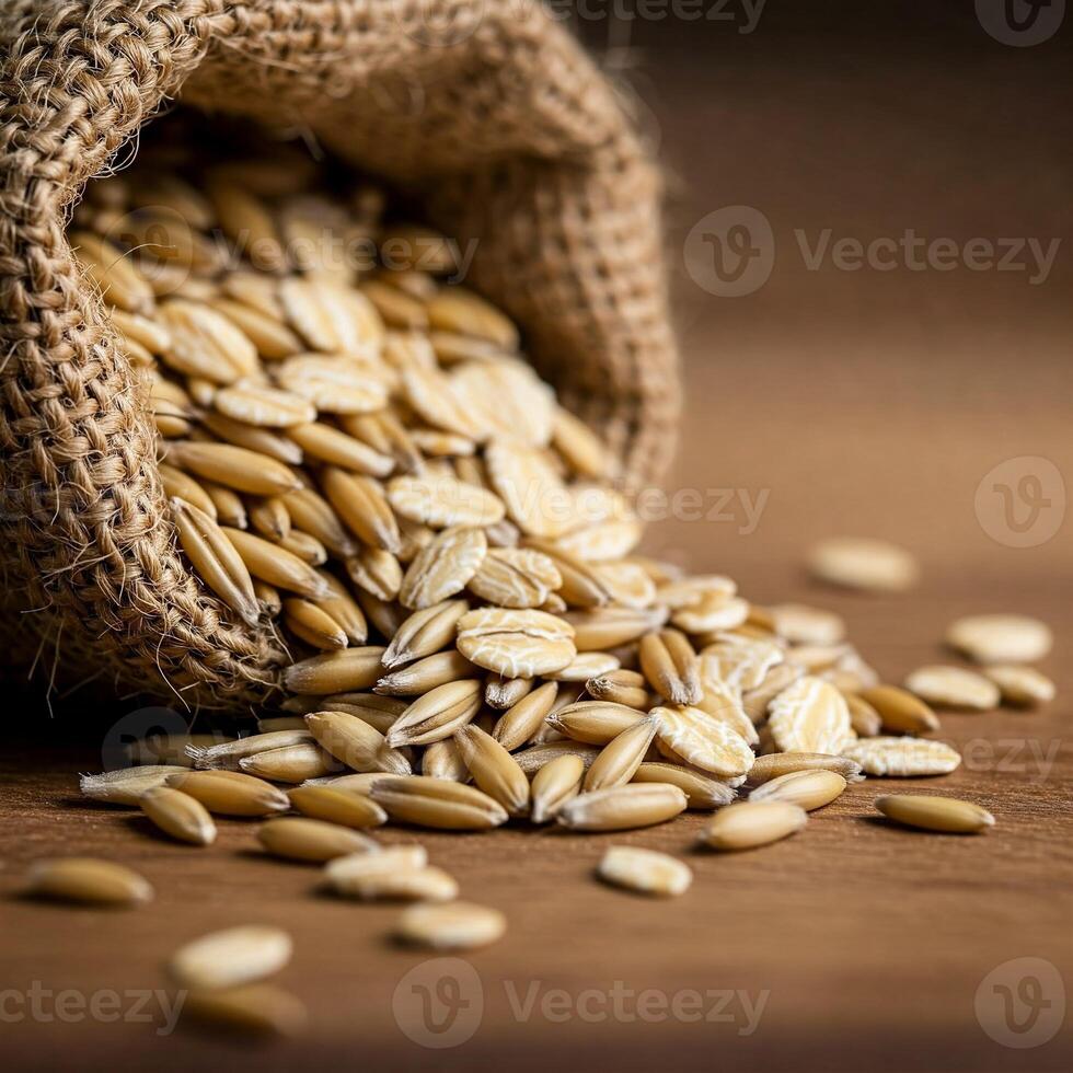 Rolled and Whole Oats Spilling from Burlap Sack Macro photo